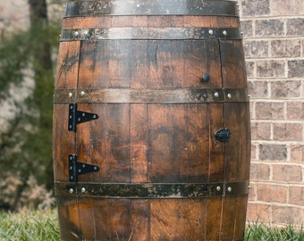 Whiskey Half Barrel Liquor Cabinet Single Door, Handmade Bourbon Barrel Furniture