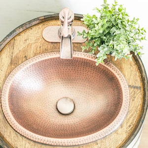 Whiskey Barrel Vanity - Copper Faucet and Sink - Whiskey Barrel Sink with one door and shelf