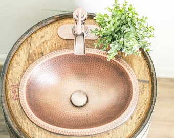 Whiskey Barrel Vanity - Copper Faucet and Sink - Whiskey Barrel Sink with one door and shelf