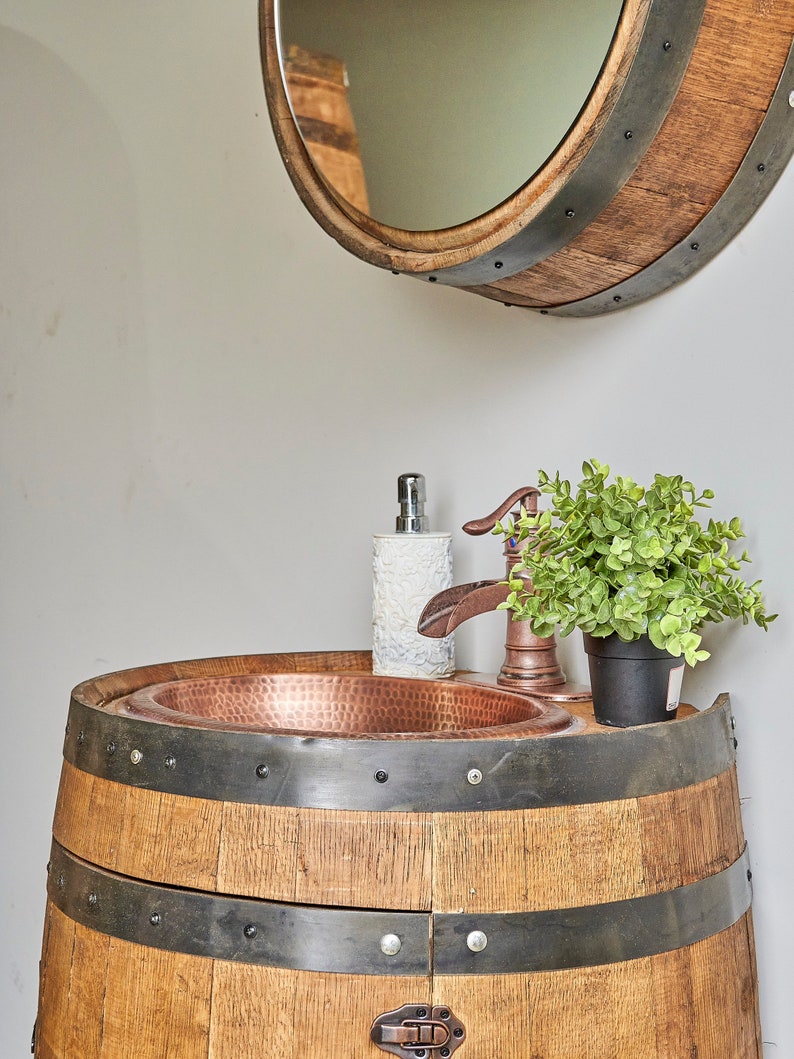3/4 Whiskey Barrel Vanity with Hammered Sink and Faucet Barrel whiskey Bourbon Vanity Barrel Sink Mothers Day Gift image 8