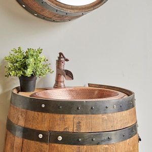 3/4 Whiskey Barrel Vanity with Hammered Sink and Faucet Barrel whiskey Bourbon Vanity Barrel Sink Mothers Day Gift image 1