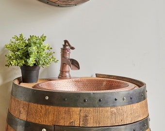 3/4 Whiskey Barrel Vanity with Hammered Sink and Faucet- Barrel whiskey Bourbon Vanity- Barrel Sink - Mother’s Day Gift