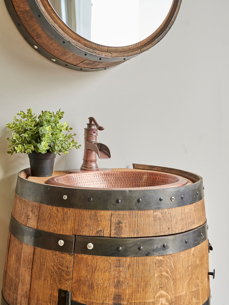 3/4 Whiskey Barrel Vanity with Hammered Sink and Faucet Barrel whiskey Bourbon Vanity Barrel Sink Mothers Day Gift image 1