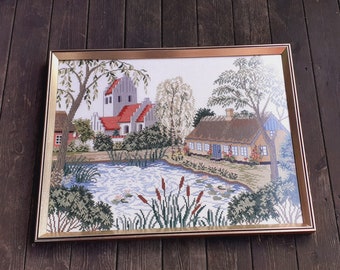 Embroidered wall picture sewn in cross stitch Eva Rosenstand & Clara Wæver Danish Pattern  vintage 1980