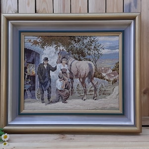 Hand embroidered  Vintage  Wonderful Motive l With a horse that is with the farrier framed from 1955