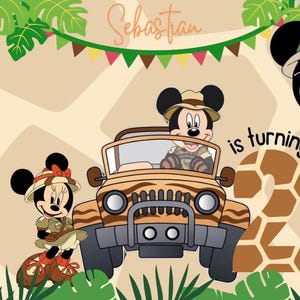 Bewerkbare Mickey Mouse Goodie Box Afdrukbare sjabloon Mickey Safari Verjaardagsdoos Dieren Feestthema Jungle Boy Label Decor Dierentuin