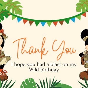 Modèle de carte imprimable modifiable Merci Mickey Mouse Anniversaire Mickey Safari Baby Shower animaux fête thème Jungle Boy étiquettes Decor Zoo