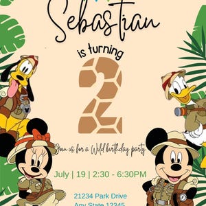 Modèle de carte imprimable modifiable Mickey Mouse Onvitation Mickey Safari anniversaire Baby Shower animaux fête thème Jungle Boy étiquette Decor Zoo