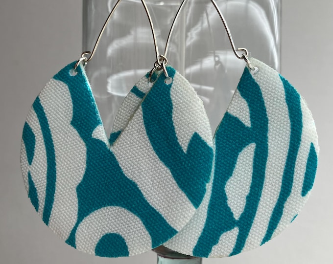 Teal and White Print Fabric Earrings: Handmade Hoop Earrings