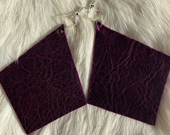 Handmade Large Purple Leather Earrings: Sterling Silver Hooks