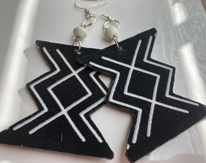 Handmade African Print Fabric Earrings: Black & White Faux Leather