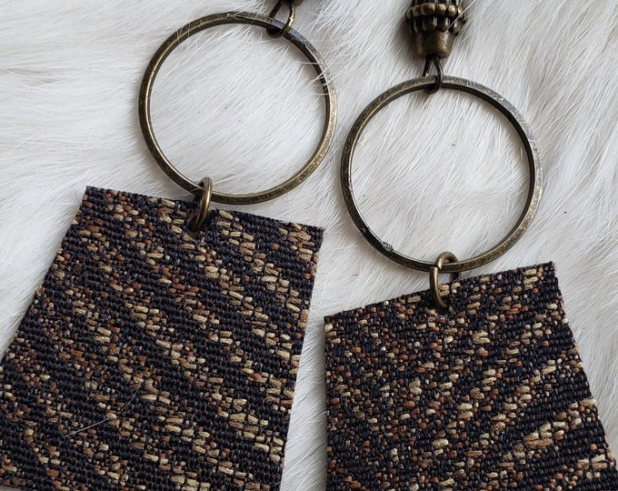 Handmade Brown Fabric Earrings: Leather & Antique Bronze Hoop