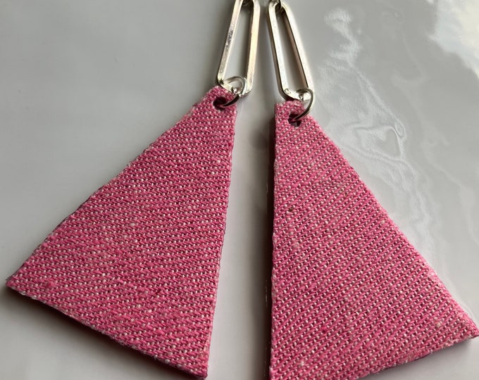 Handmade Pink Fabric Earrings: Genuine Leather Back, Silver Connectors