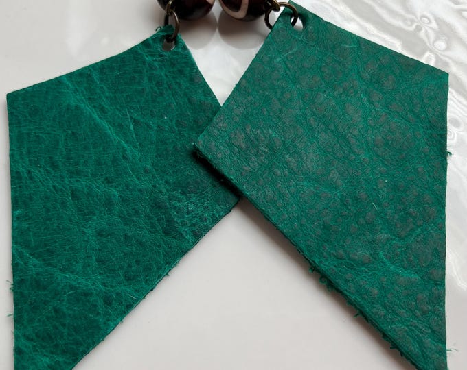 Handmade Green Leather Dangle Earrings: Recycled with African Bead