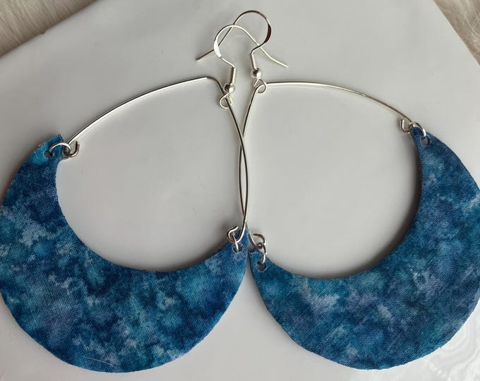 Handmade Blue Batik Fabric Hoop Earrings: Lightweight Fashion Jewelry