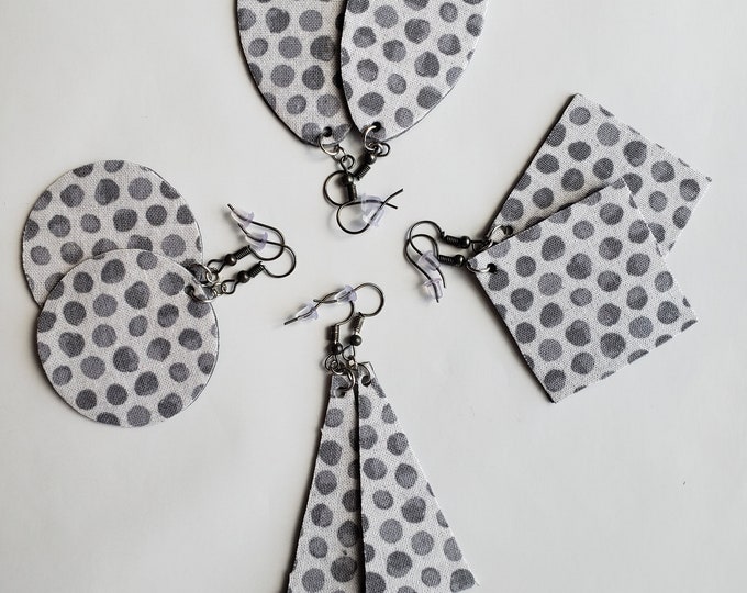 Handmade Polka Dot Fabric Drop Earrings: Gray & White
