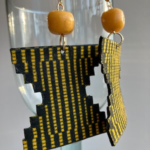 Handmade earrings | Fabric Earrings | Black/Yellow Print African Fabric and Leather Earring | Kente Print Earrings | Statement Earrings