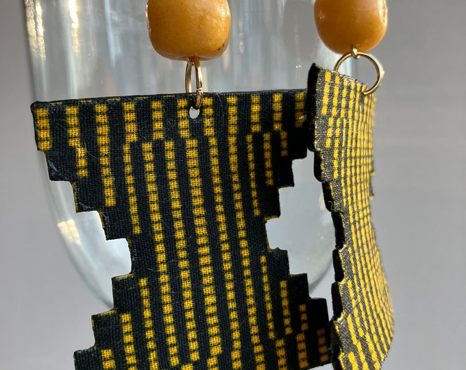 Handmade Kente Print Fabric Earrings: Black & Yellow Leather Statement Earrings