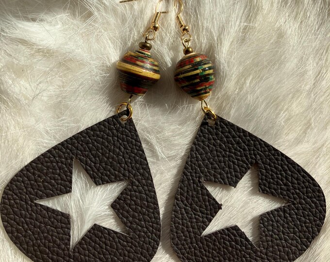 Handmade Teardrop Leather Earrings: Eastern Star Cutout, Paper Bead Accent