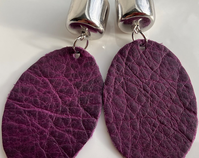 Handmade Purple Leather Earrings: Oval Dangle Earrings, Sterling Silver Hooks