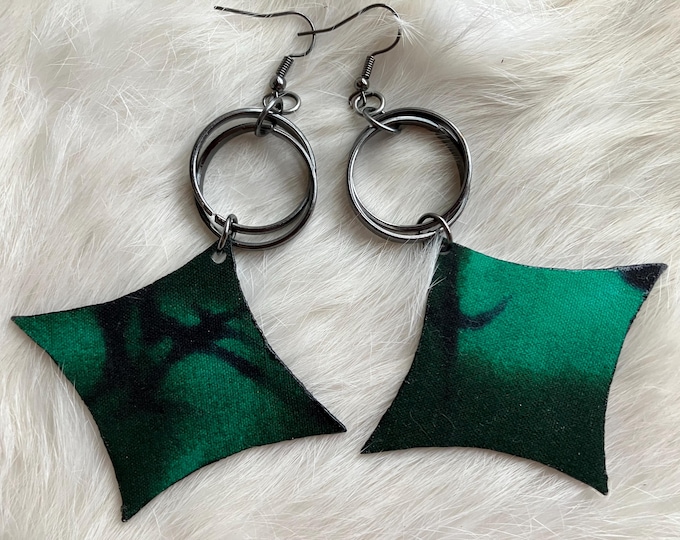 African Print Fabric Earrings: Handmade Green Black Diamond Gunmetal Hoops