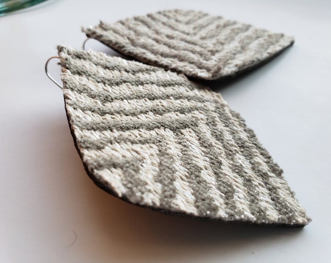 Handmade Large Striped Fabric Earrings: Taupe & Off-White