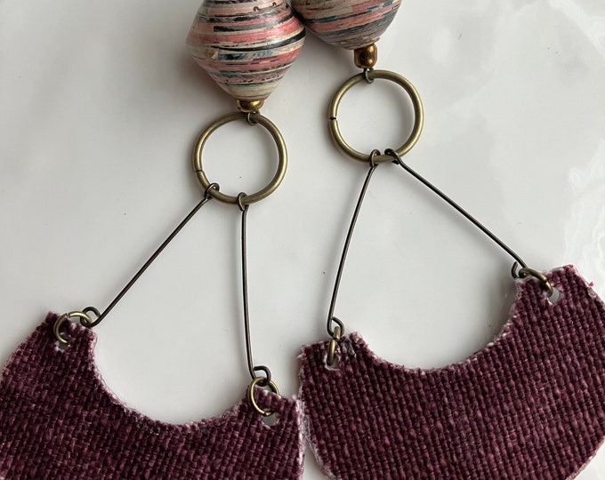 Handmade Purple Denim Semi-Hoop Earrings with Paper Beads