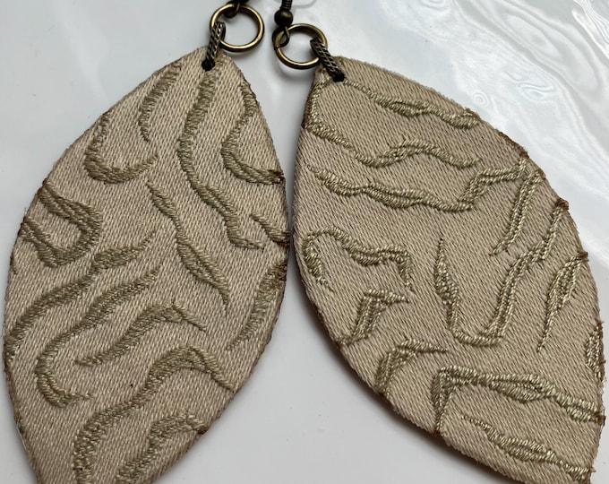 Handmade Beige Taupe Leaf Earrings: Textured Fabric Jewelry