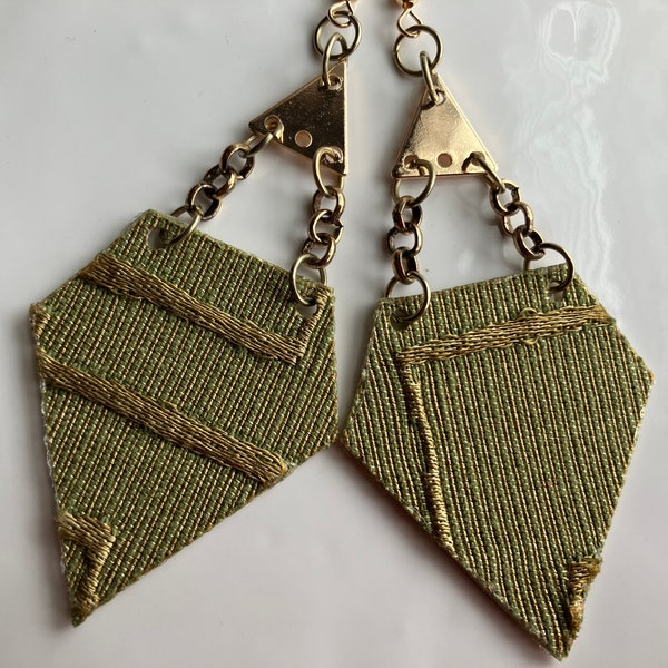 Handmade Earrings, Olive Green and Gold Textured Fabric Earrings, Faux Leather, Gold Connectors, Lightweight, Fashion Earrings