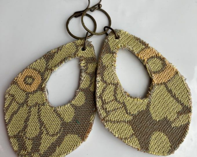 Handmade Floral Fabric Teardrop Earrings: Green & Yellow, Faux Leather