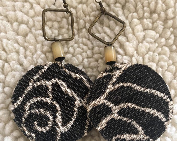 Handmade Circle Earrings: Recycled Fabric, Buri Nut Beads