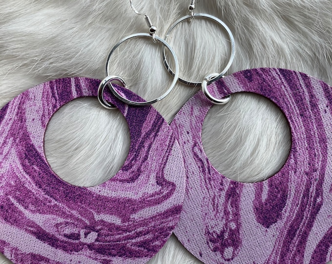 Handmade Purple Print Fabric Hoop Earrings: Recycled Leather Fashion Earrings