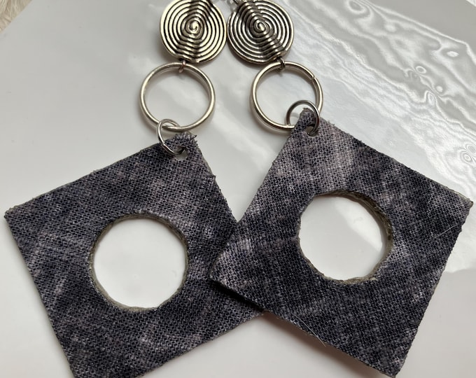 Handmade Gray Tie-Dye Fabric Earrings: Silver Leather Circle Earrings