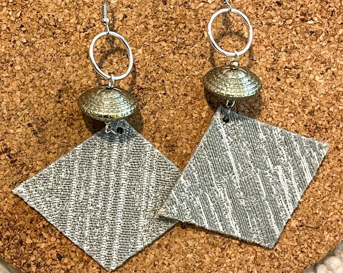 Handmade Recycled Fabric Earrings: Gray White Textured Lightweight Jewelry