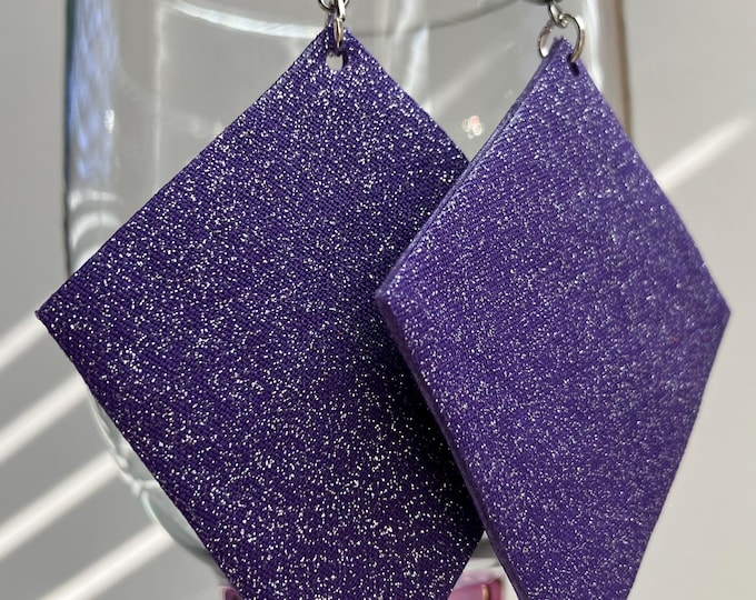 Handmade Glittering Purple Fabric Earrings: Large Silver Accent Dangles