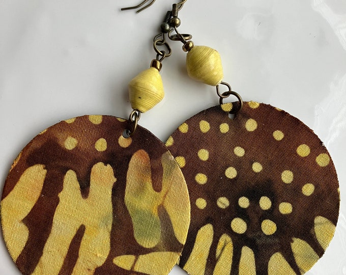 Handmade Fabric Earrings: Yellow Brown Print, Leather Accents