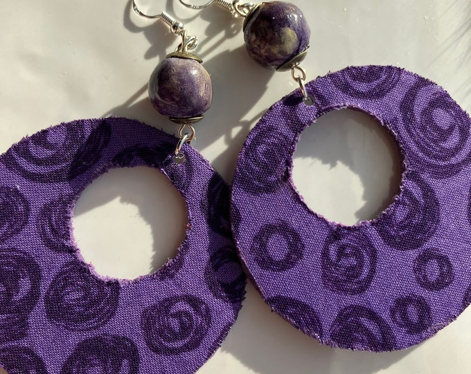 Handmade Purple Print Fabric Earrings: Large Round Hoop, Sterling Silver