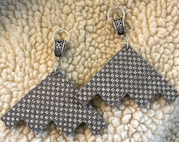 Handmade Silver & Gray Fabric Earrings: Leather Back, Fun Shapes