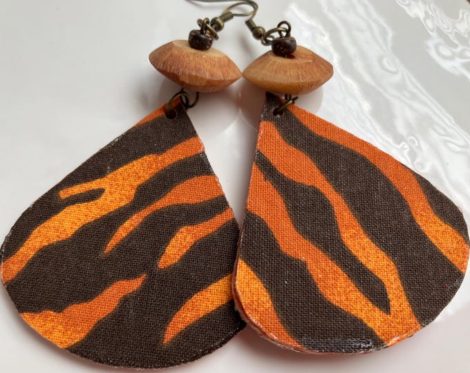 Handmade Bengal Print Earrings: Orange Brown Fabric, Bone Beads