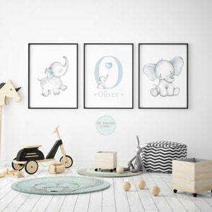 Baby Elephant Nursery Decor Prints, Baby Boys Nursery Prints, Toddler Bedroom Boy