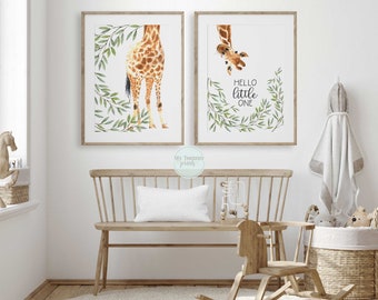 Giraffe Prints, Hello Little One, Safari Animals, Gender Neutral Nursery Prints, Baby Shower Gift