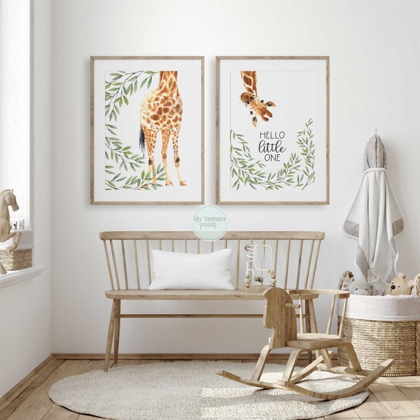Giraffe Prints, Hello Little One, Safari Animals, Gender Neutral Nursery Prints, Baby Shower Gift