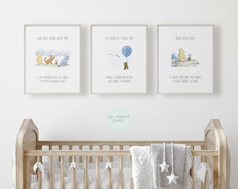 Set of 3 Winnie the Pooh Prints, Gender Neutral Nursery Prints, Bedroom Decor, Classic Winnie the Pooh Quotes, Neutral Wall Art, Baby Gifts