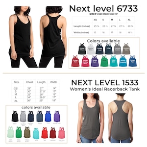 May include: Two racerback tank tops, one black and one grey, with size charts and colour options. The text "Next Level 6733 Women's Racerback Tank Top" and "Next Level 1533 Women's Ideal Racerback Tank" are visible.