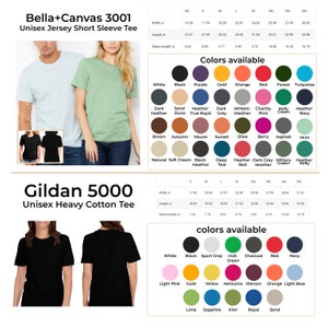 May include: Two different t-shirt brands, Bella+Canvas 3001 and Gildan 5000, are shown with their size charts and colour options. The Bella+Canvas 3001 is a unisex jersey short sleeve tee, while the Gildan 5000 is a unisex heavy cotton tee. Both shirts are available in a variety of colours.