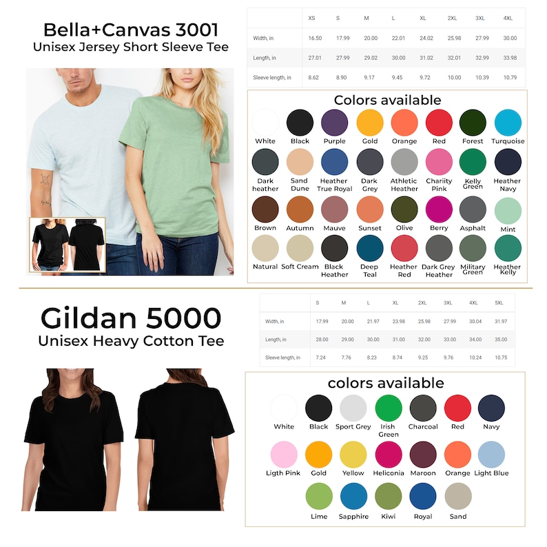 May include: Two different t-shirt brands, Bella+Canvas 3001 and Gildan 5000, are shown with their size charts and colour options. The Bella+Canvas 3001 is a unisex jersey short sleeve tee, while the Gildan 5000 is a unisex heavy cotton tee. Both shirts are available in a variety of colours.