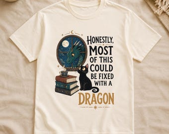 Funny Dragon Shirt, Fantasy Book Lover Tee, Bookish Cat Graphic T-Shirt, Reader Gift, Dragon Lover Shirt, Librarian Gift,Dragon Shirt