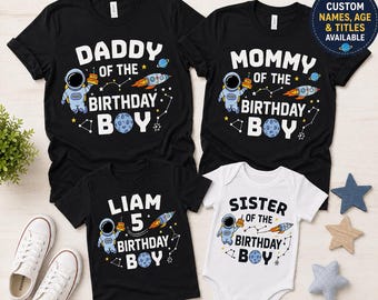 Space Birthday Family Shirts, Birthday Boy Astronaut Shirt, Matching Family Party Tees, Custom Name Age Rocket Theme