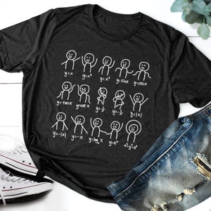 Puede incluir: Una camiseta gris oscuro con un gráfico blanco de figuras de palitos que representan diferentes ecuaciones matemáticas. Las ecuaciones incluyen y=x, y=x^2, y=x^3, y=sinx, y=cosx, y=tanx, y=cotx, y=1/x, y=-1/x, y=|x|, y=-|x|, y=-x, y=logx, y=a^x y x^2+y^2=a^2.