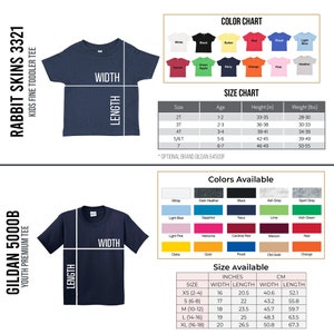 May include: A navy blue toddler t-shirt with the words "Rabbit Skins 3321" and "Kids Fine Toddler Tee" printed on the left side. The t-shirt has a white label with the word "Gildan" printed on it. The t-shirt is shown with measurements for width and length. The image also includes a colour chart and size chart for the t-shirt.